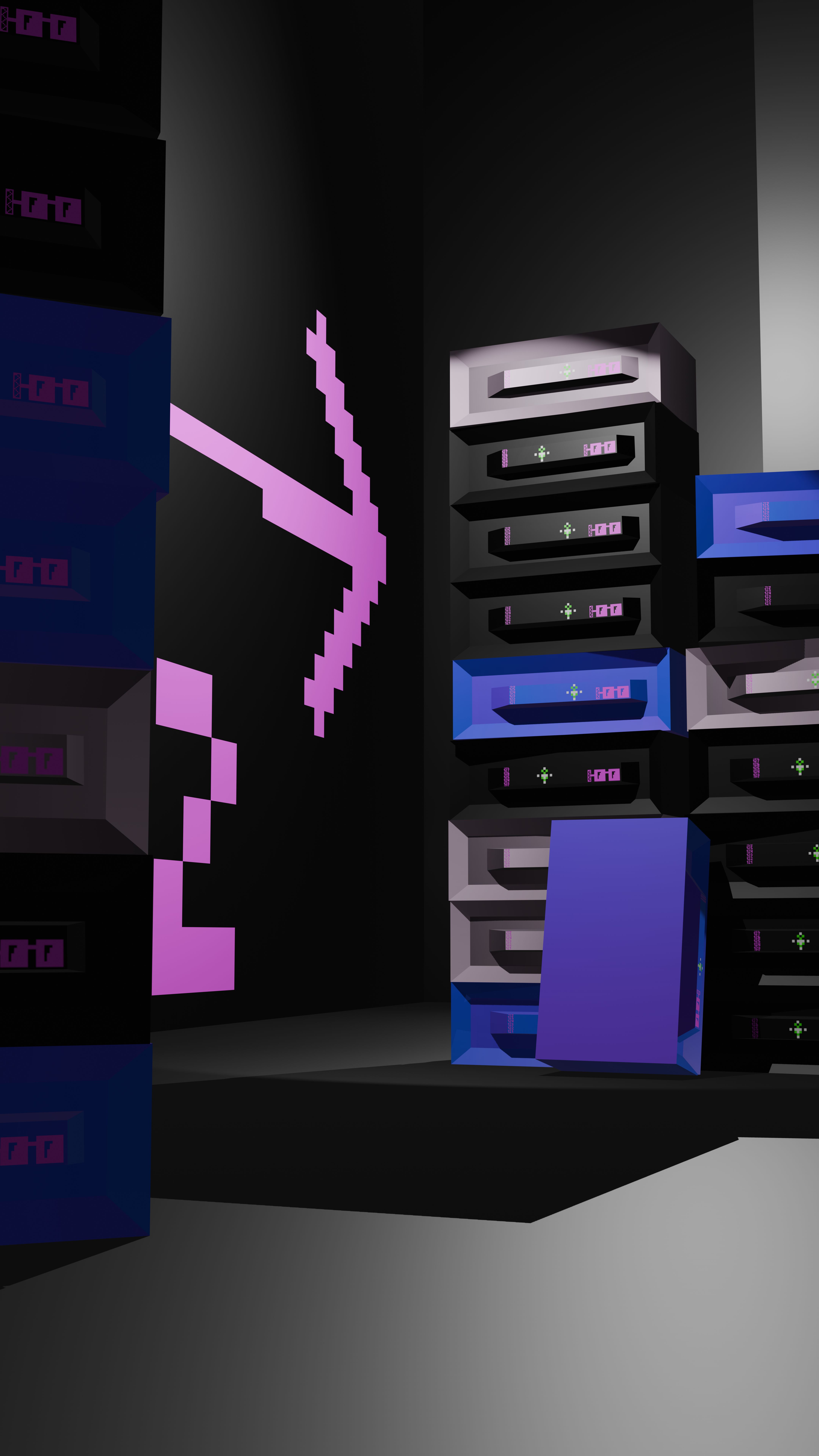 picture of stylized server racks bathed in light and shadow, standing in front of a corner. a large arrow on the wall points around the corner with a 2 label below it. the servers have small pixelated details on them that look like buttons and numbers